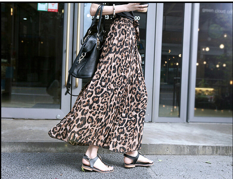 TingYiLi Summer Women Long Leopard Print Skirt Elastic High Waist Chiffon Pleated Slim Fit Casual Maxi Skirt