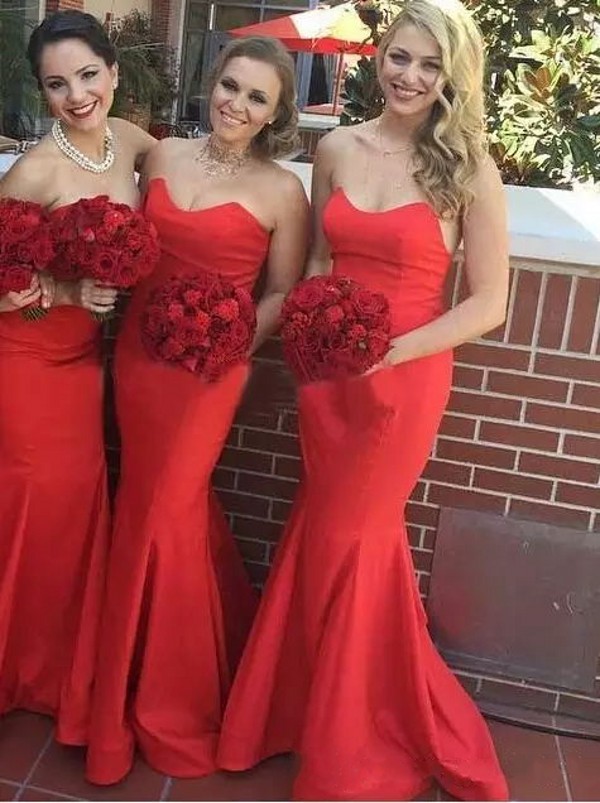 Spring 2019 Elegant Red Bridesmaids Dresses in China Sweetheart Fitted Sweep Train Wdding Party Dresses for Women