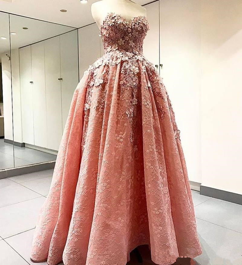 Sweetheart Pink Necke Prom Dresses Full Lace Evening Gowns With 3D Appliqued Sweep Train Vestidos De Fiesta Pageant Dress