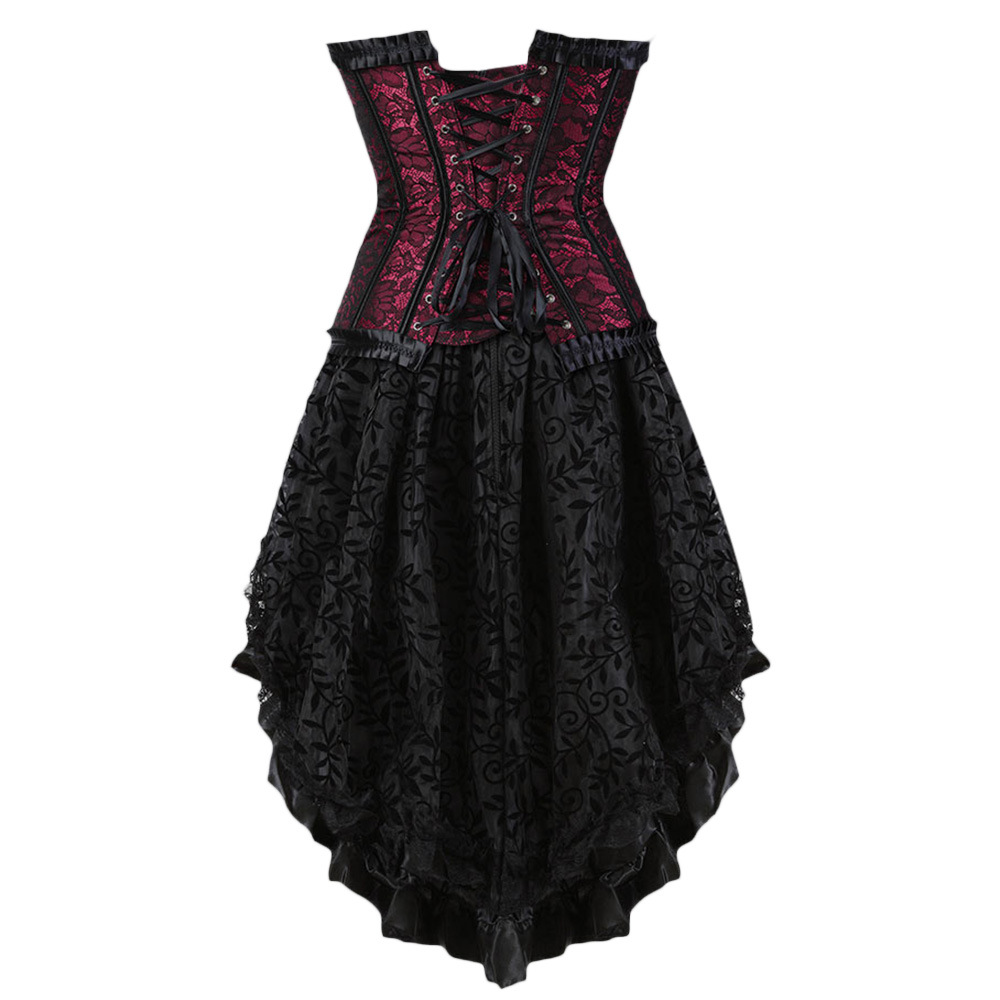 Gothic Floral Lace Up Corset Dress Showgirl Clubwear Lingerie Costume Burlesque Corset And Skirt Set Exotic W