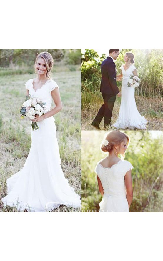Modest Lace Wedding Dresses V Neck Cap Sleeve Sweep Train Appliqued Country Mermaid Bridal Dress Custom Made Cheap Wedding Gowns, Gold
Modest Lace Wedding Dresses V Neck Cap Sleeve Sweep Train Appliqued Country Mermaid Bridal Dress Custom Made Cheap Wedding Gowns, Gold