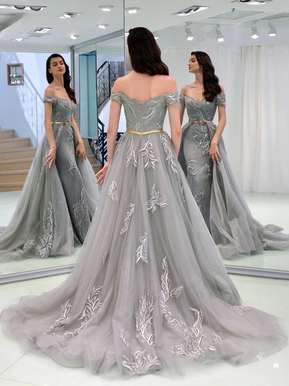 Hot Sale Overskirt Evening Dresses With Detachable Train Off The Shoulder Lace Appliqued Formal Dress Sweep Train Tulle Long Prom Gowns