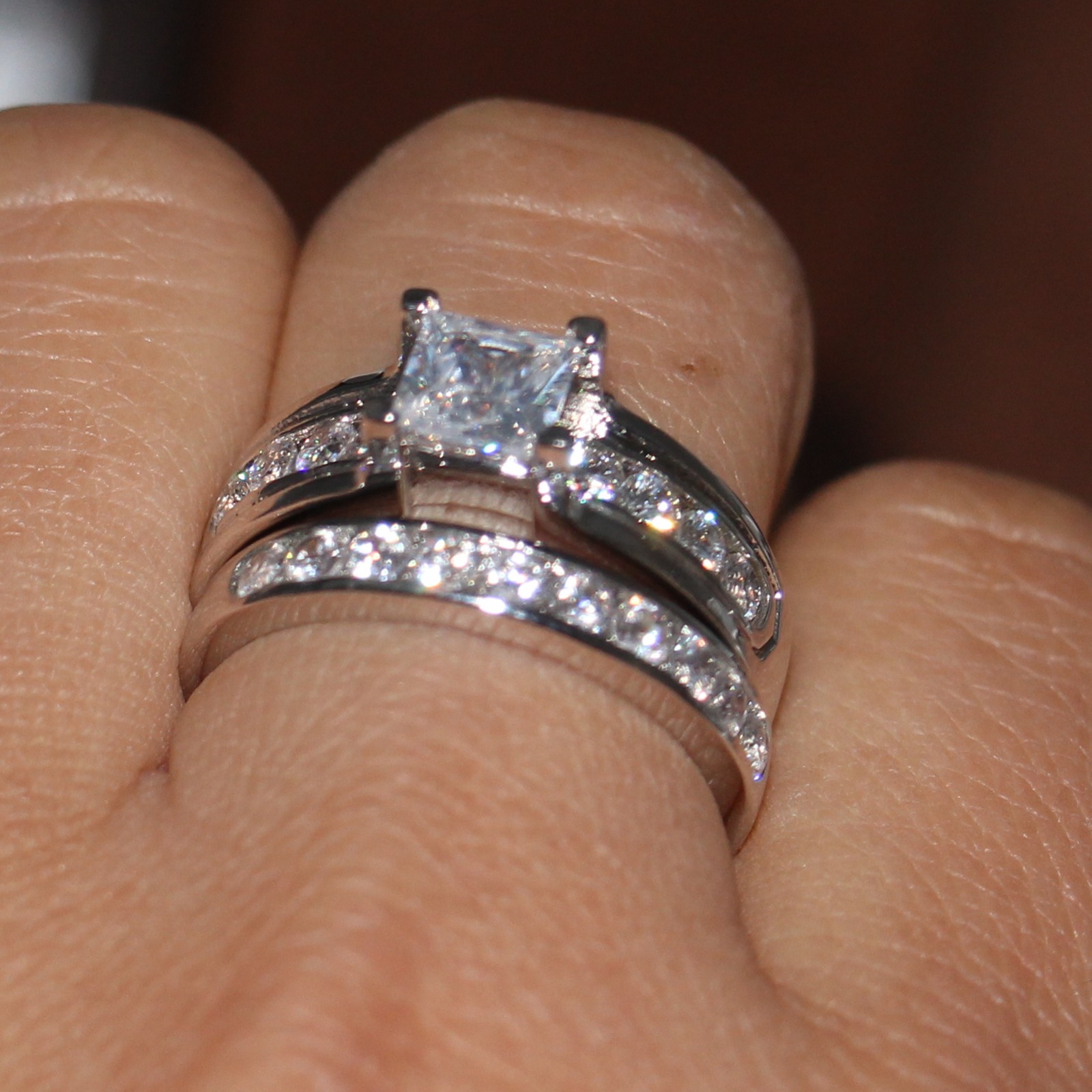 US size 5/6/7/8/9/10 Jewelry Sterg Sier filled white topaz CZ Dia Princess cut Women wedding Bridal ring Set for love gift