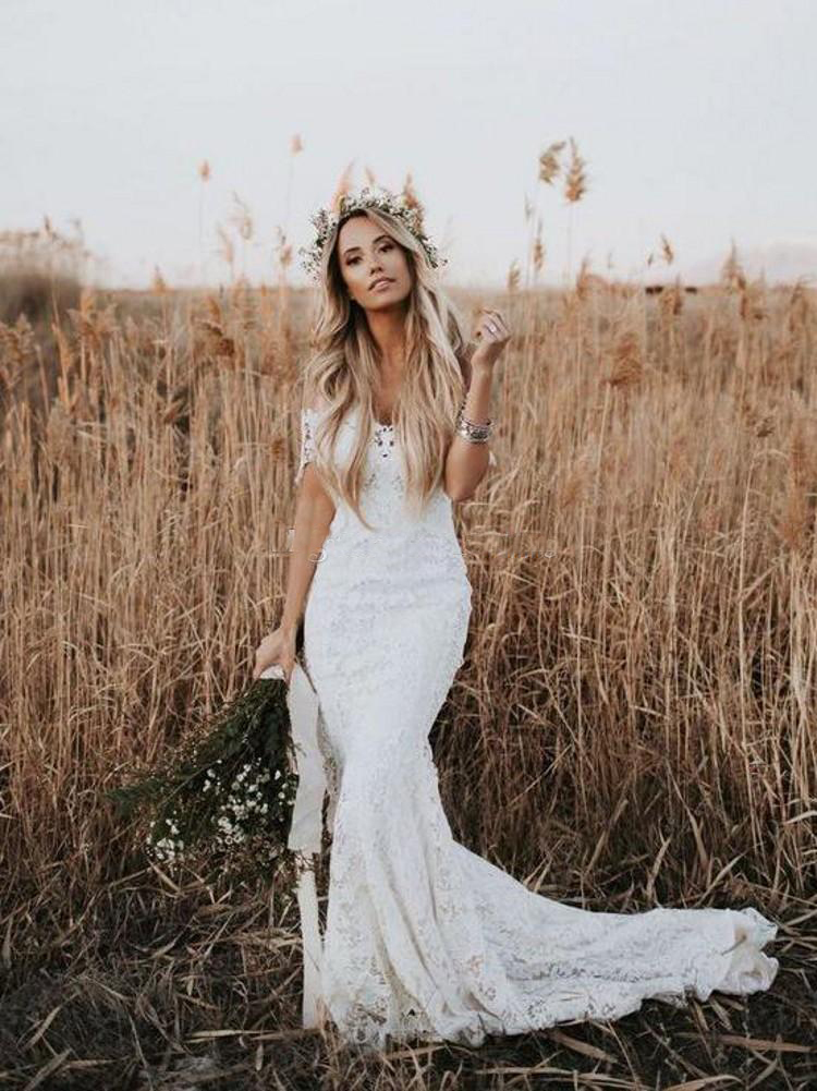 Elegant Boho Lace Mermaid Wedding Dresses Off The Shoulder Short Sleeves Bridal Dresses Beach Wedding Gowns Sweep Train