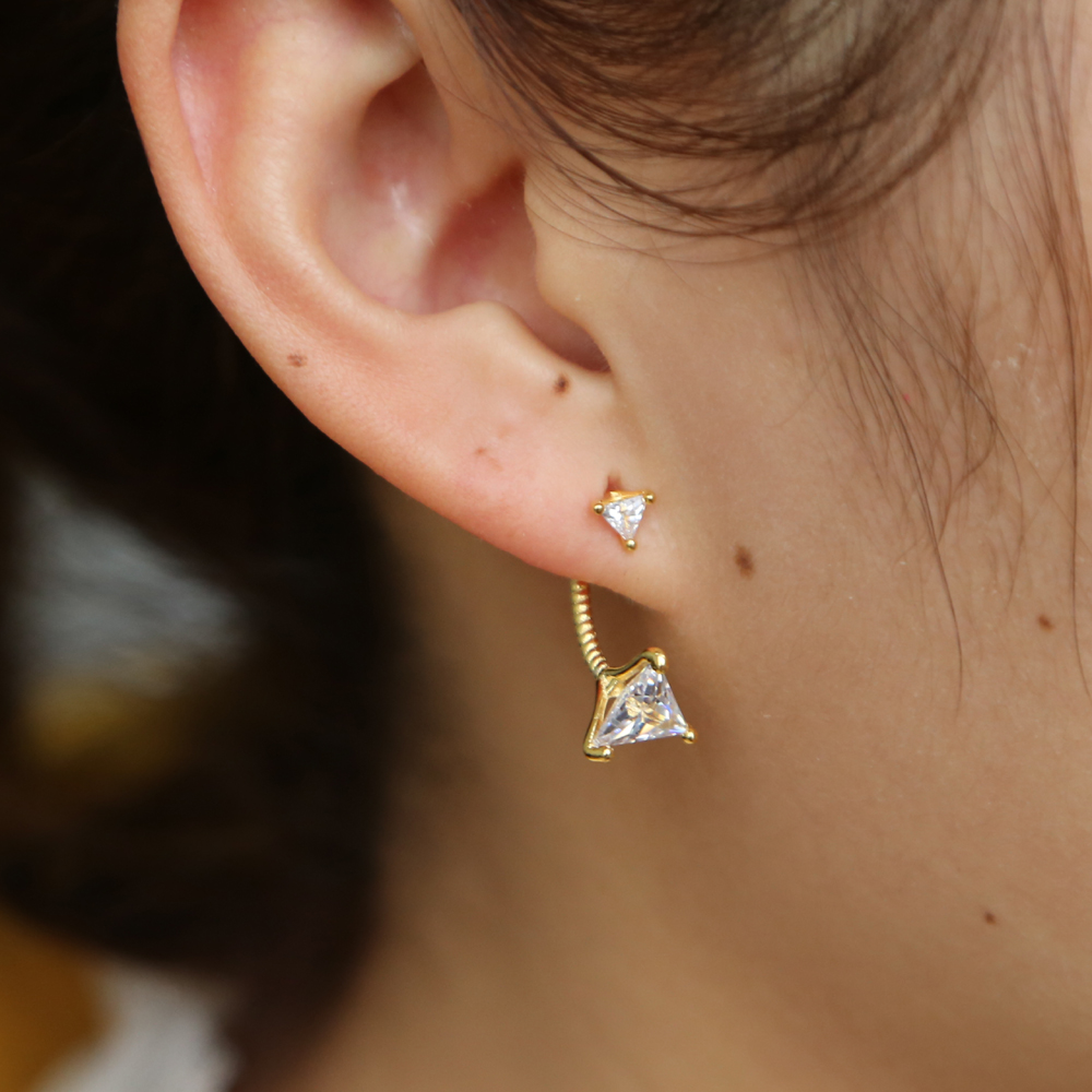 gold plated triangle cz jacket earring for women 925 sterling silver double sided geometric fashion jewelry