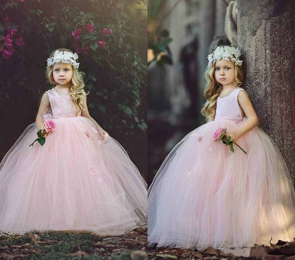 Sweet Puffy Tulle Flower Girl Dresses Cute Princess Little Girls Pageant Dress Toddler Blush Pink Wedding Party Brithday Graduation Dress