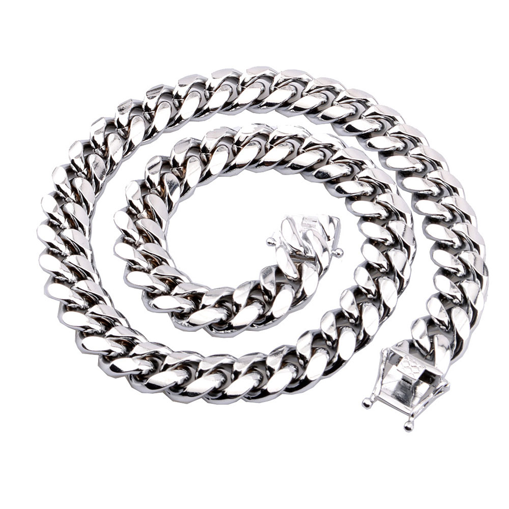 8mm10mm12mm14mm 316L Stainless Steel Jewelry High Polish Miami Cuban Chain Necklace Men Punk Curb ChainDragonBeard Clasp 24qu