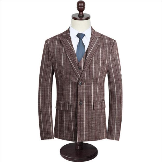 New Men's Suit Three-piece (Blazer+Pant+Vest) Business Wedding Casual Striped Suits Peaked Lapel Two Buttons Decent Trin Fit Tuxedos