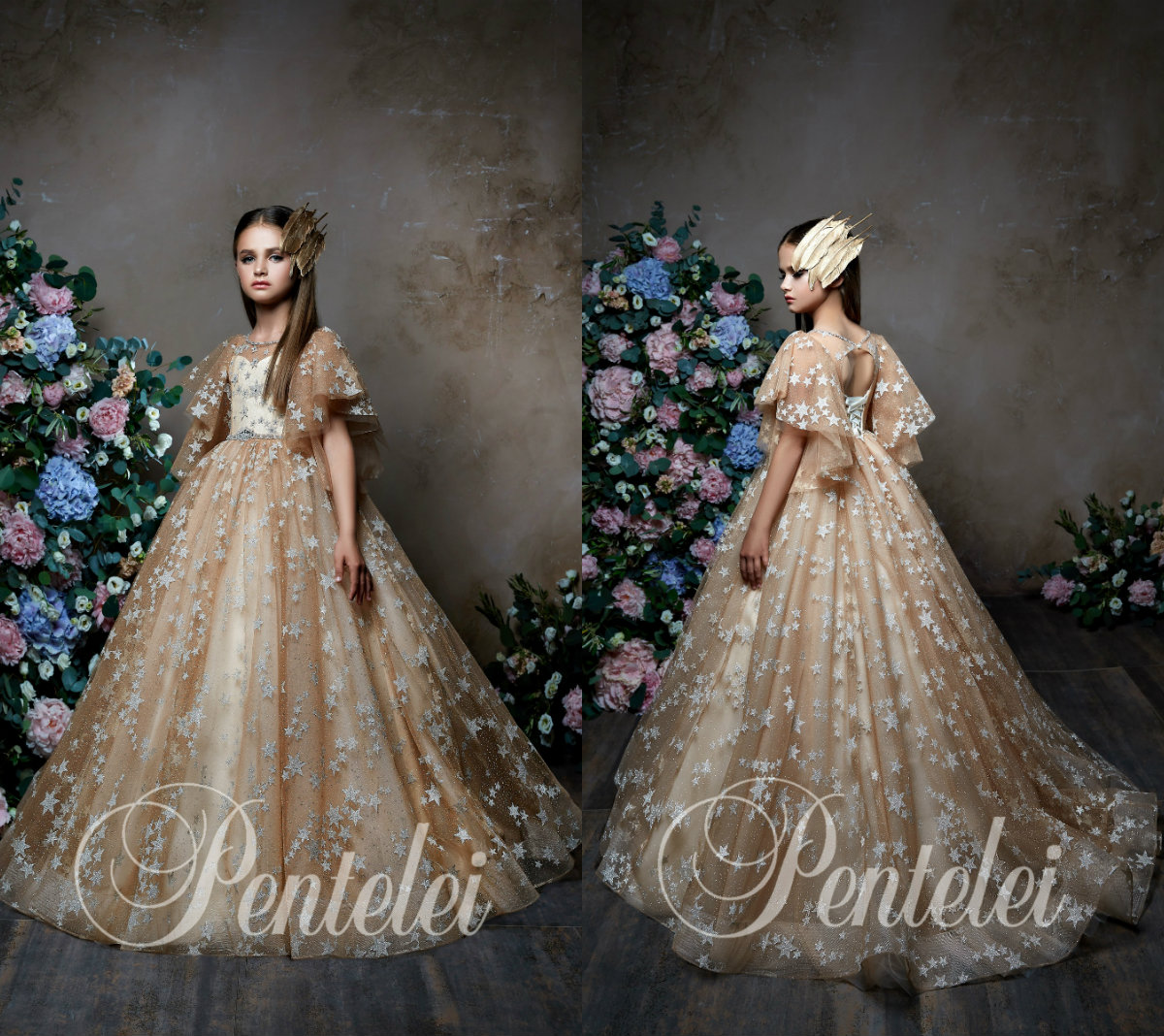 Pentelei 2019 Champagne Flower Girl Dresses For Wedding A Line Jewel Neck Ball Gown Girls Pageant Dress Luxury Kids Wedding Dress