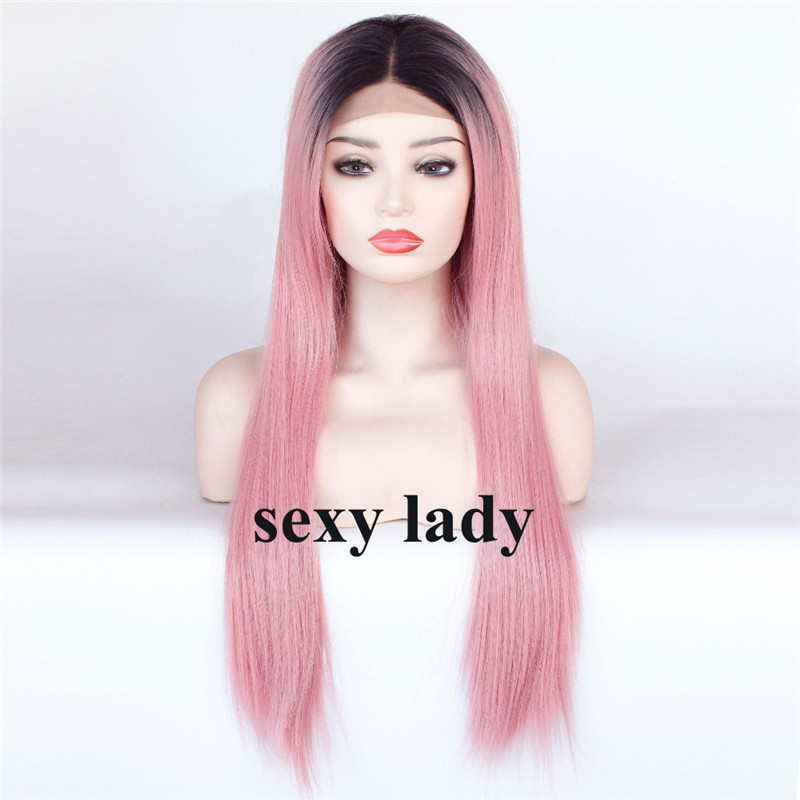 Long straight Wig Ombre pink synthetic lace wig Hair for Woman Dark Roots Natural simulation human hair lace front wig natural hairline