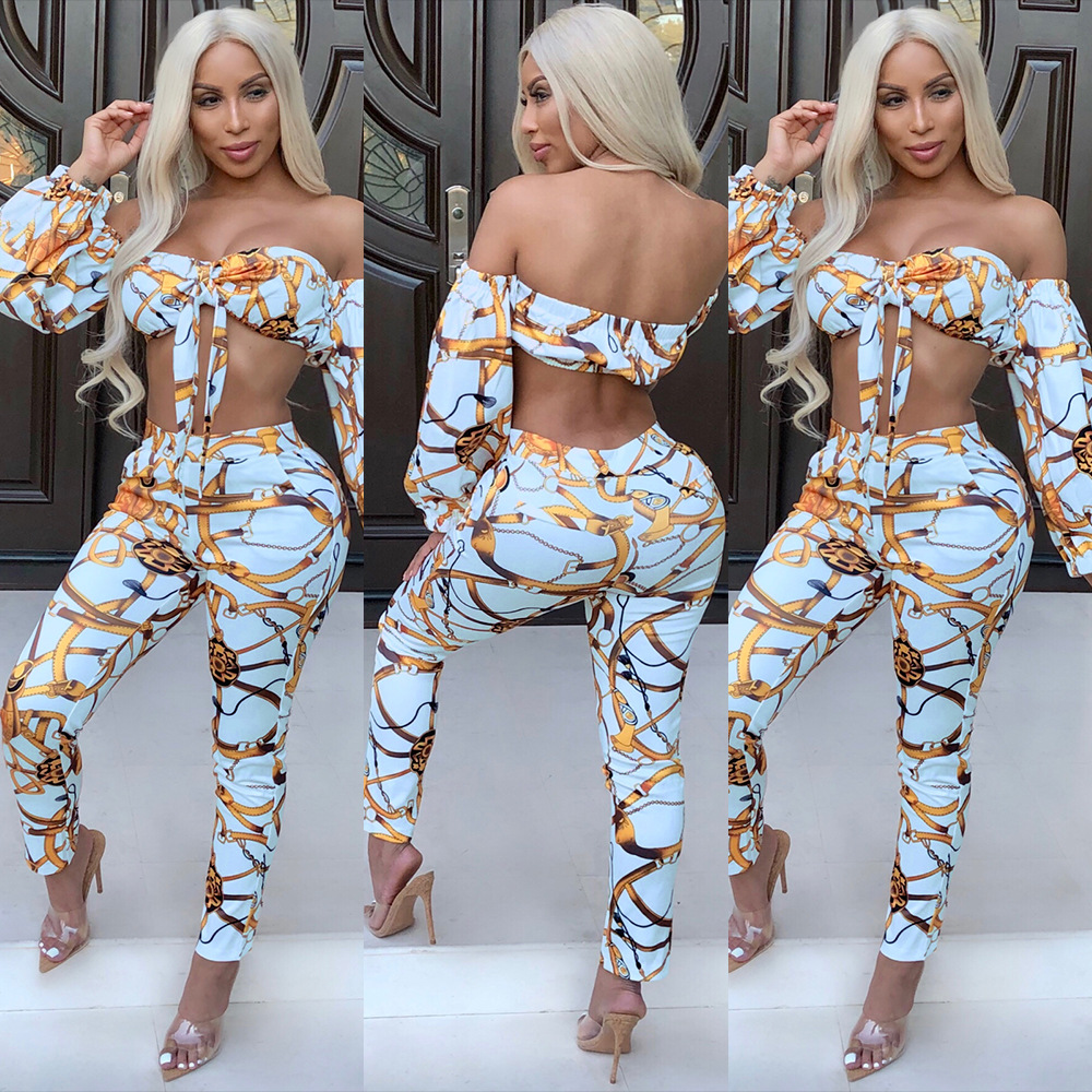 2018 Winter Women Sexy Yellow Chains Print 2Pc Strapless Pantsuit Light Blue Long Sleeve Bandage Tube Crop Top Long Pant Party Club Outfits, White
2018 Winter Women Sexy Yellow Chains Print 2Pc Strapless Pantsuit Light Blue Long Sleeve Bandage Tube Crop Top Long Pant Party Club Outfits, White