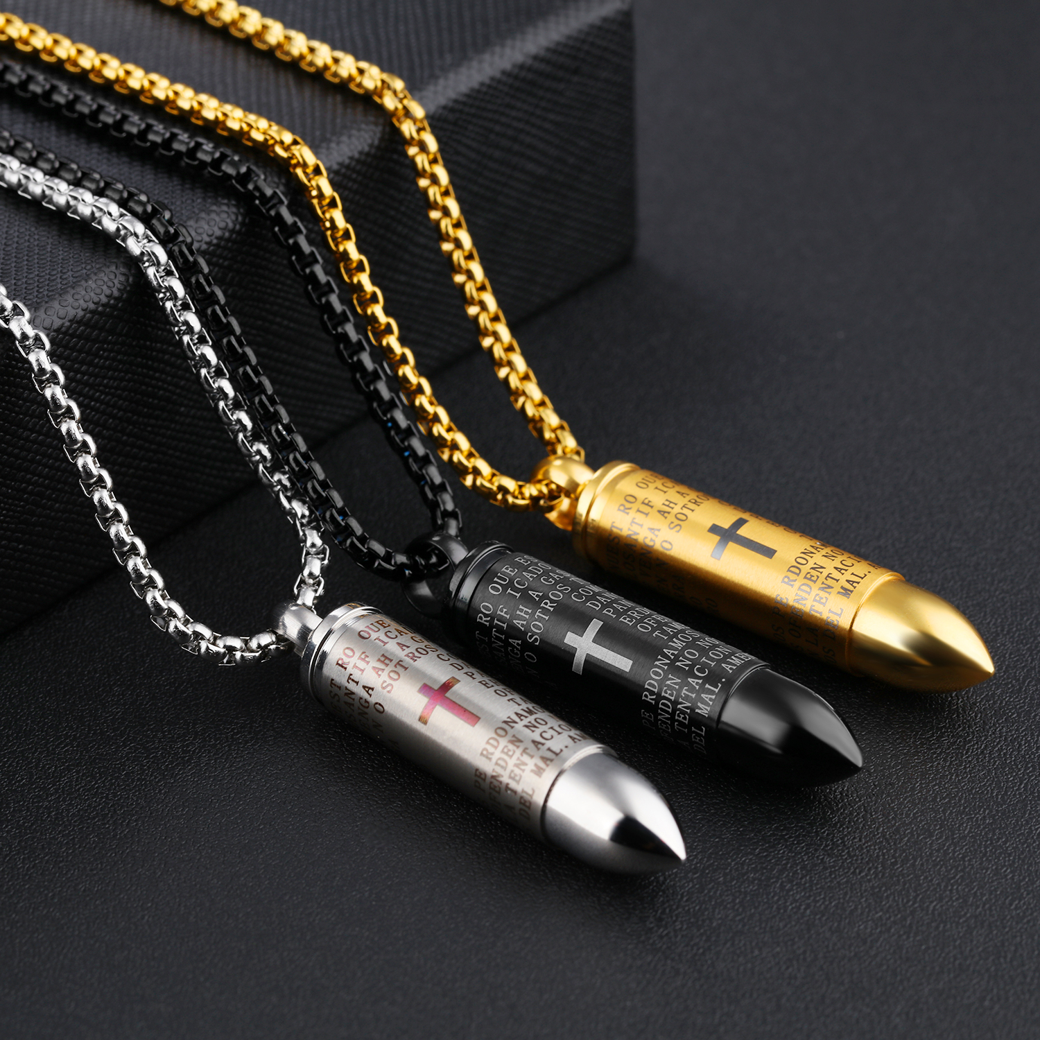 Stainless Steel Bullet Cylinder Pill Plain Bible Verse in Spanish Storable Simulation Bullet Keepsake Pendant Necklace Mens Jewelry