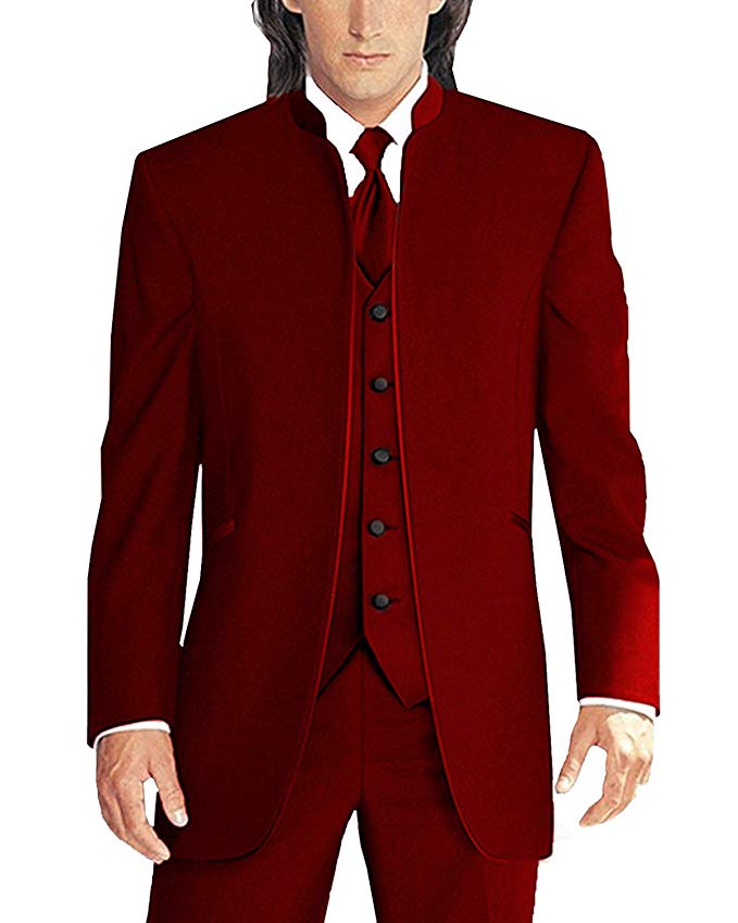 Newest Groomsmen Dark Red Groom Tuxedos Mandarin Lapel Men Suits Wedding Best Man Bridegroom (Jacket + Pants + Vest + Tie) L173