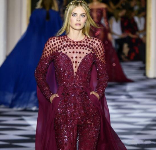Zuhair Murad 2019 Jumpsuits Prom Dresses Long Sleeves Beaded Sequins Burgundy Evening Gowns Saudi Arabic Formal Party Carpet Dress