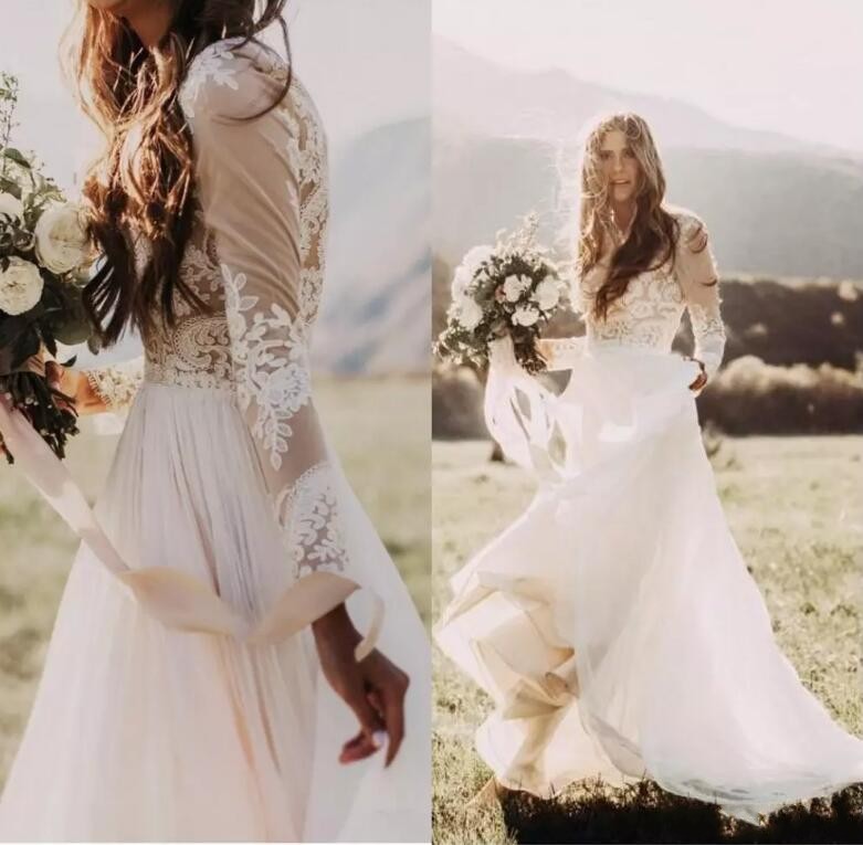 Bohemian Country Wedding Dresses With Sheer Long Sleeves Bateau Neck A Line Lace Applique Chiffon Boho Bridal Gowns Cheap, Same as image
Bohemian Country Wedding Dresses With Sheer Long Sleeves Bateau Neck A Line Lace Applique Chiffon Boho Bridal Gowns Cheap, Same as image