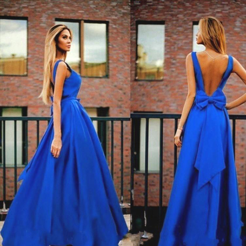 Blue V Neck Prom Dresses A Line Arabic Dubai Made In China Stain Bow Cocktail Dress Formal Evening Party Gowns
