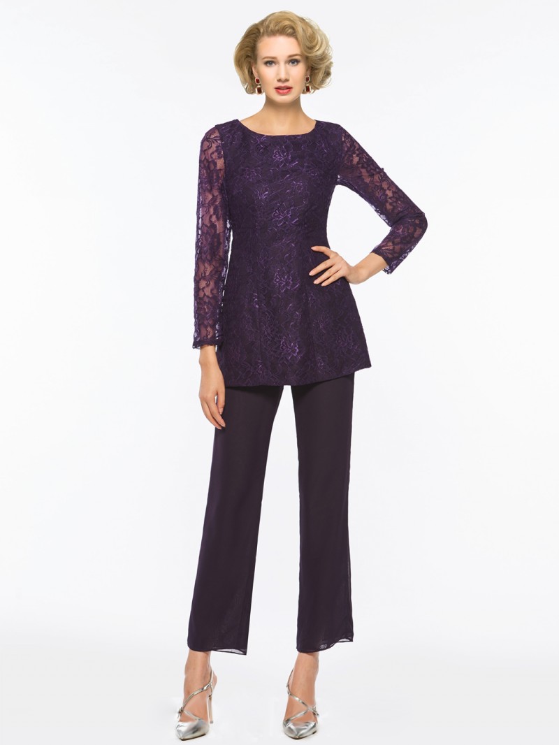 Purple Mother Of The Bride Pant Suits For Weddings Two Pieces Lace Appliqued Long Sleeve Mothers Formal Wear Outfit Cheap Garment