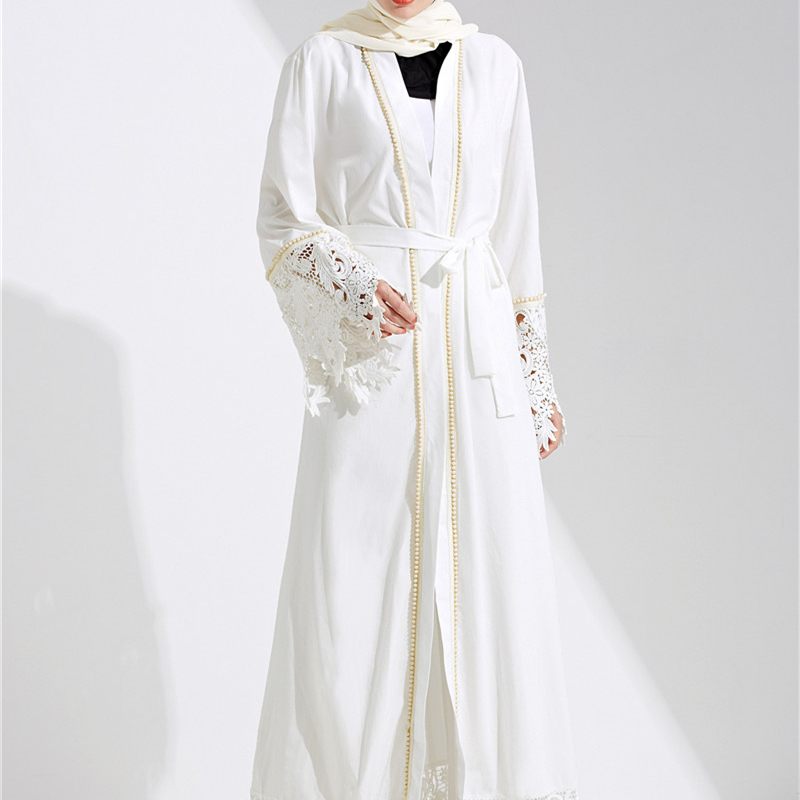 Dubai Caftan Abaya Kaftan Turkey Women Muslim Lace Pearl Dress Fashion White Robe Turkish Female Musulmane Cardigan Long dresses With Belt