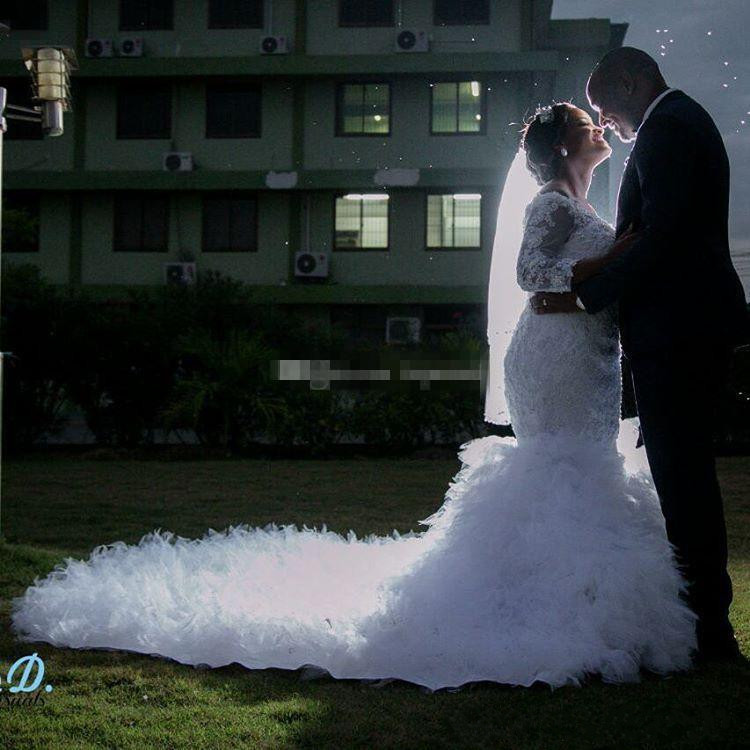 Modest African Mermaid Wedding Dresses Ruffles Chapel Train Off Shoulder Bridal Dress Vintage 3/4 Long Sleeves Wedding Gowns Plus Size