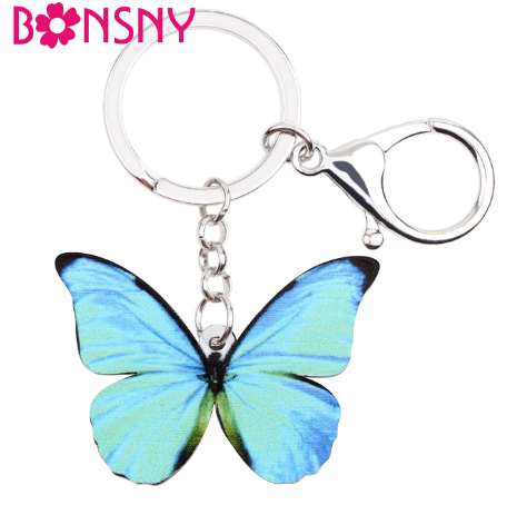 Bonsny Acrylic Pattern Morpho Menelaus Butterfly Key Chain Key Ring Handbag Bag Charm Keychain Fashion Animal Jewelry For Women