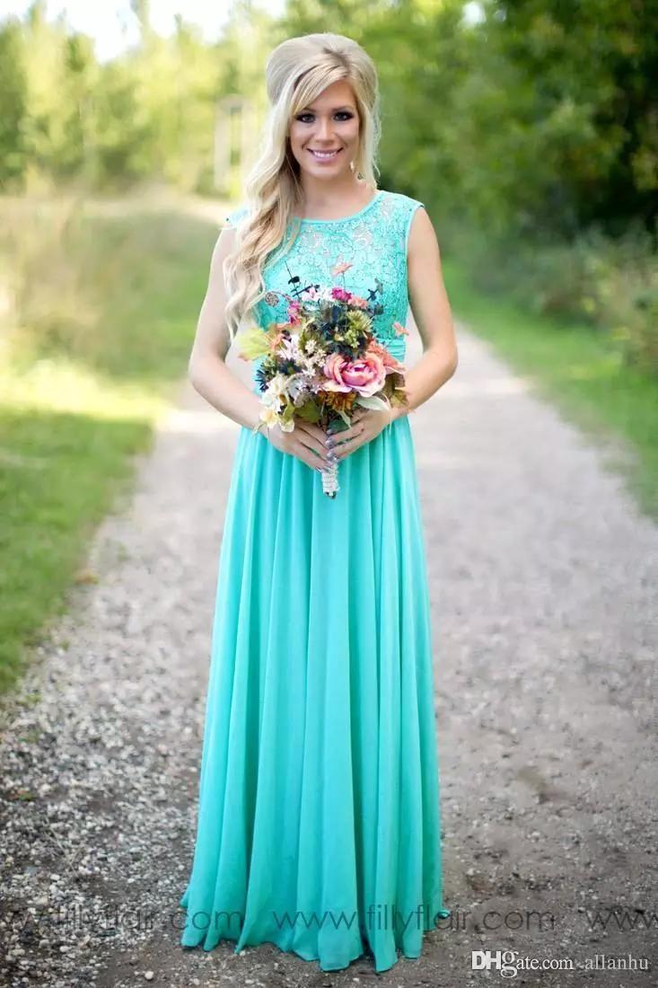 Turquoise New Bridesmaids Jewel Neck Lace Chiffon Long Country Bridesmaid Maid Of Honor Wedding Guest Dresses Custom Made