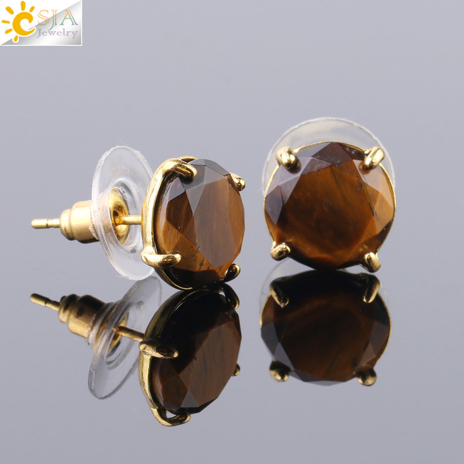 

CSJA Natural Gemstone Stud Earrings Gold Jewelry for Women Faceted Rose Quartz Tiger Eye Opal Lapis Lazuli Stone Bead Earring Wholesale F693