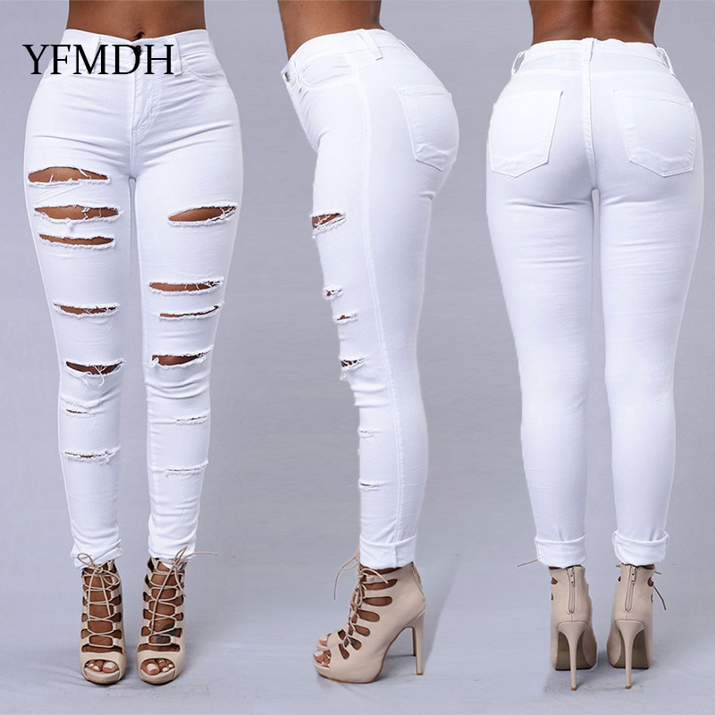 Slim Ripped Hole Hollow Out Jeans for Women Skinny High Waist Woman Blue Denim Pencil Pants Stretch Waist Trousers Clothing