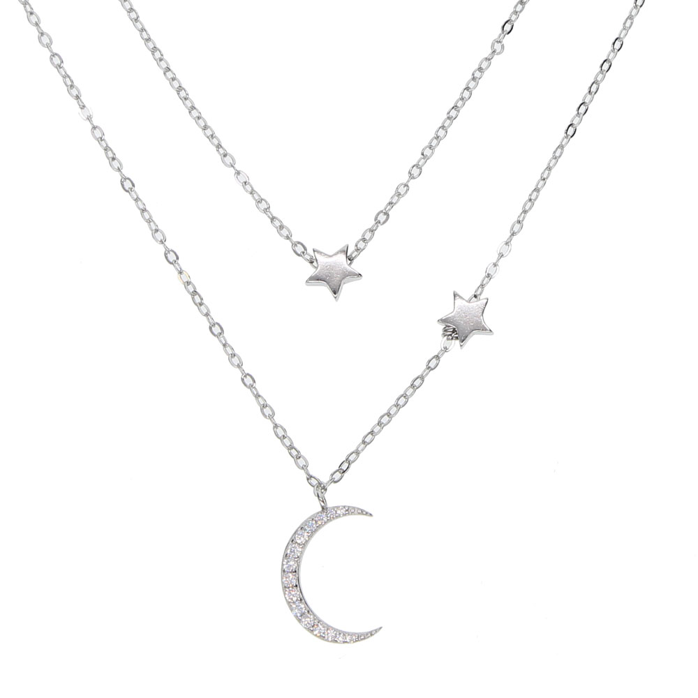 Fine 925 sterling silver factory wholesale 2018 Christmas moon star necklace cz moon charm double layer thin chain minimal delicate style