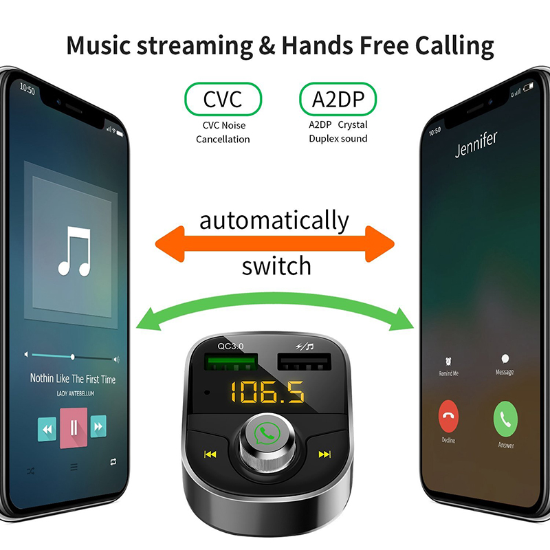 Multifunctional Bluetooth Car Adaptor - FM Transmitter, Hands-Free Call Support, and Rapid Charge USB Interface