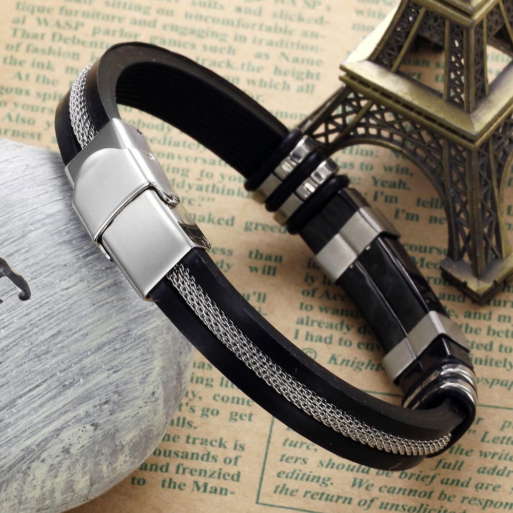 MNWT Mens Bracelets Stainless Steel Black Silicone Bracelets Charm Bracelet Male Bangle For Men Jewelry Silver Rose Gold Color