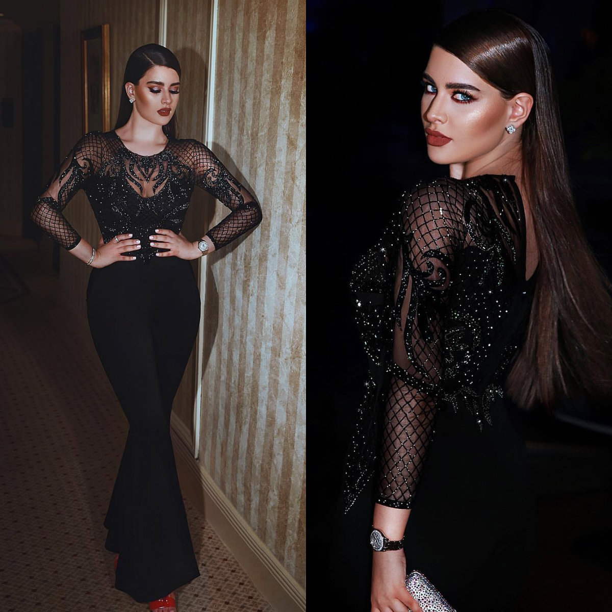 2018 Black Elegant Prom Dress Long Sleeve Illusion Grid Jewel Neck Sequins Women Jumpsuits Formal Evening Dresses