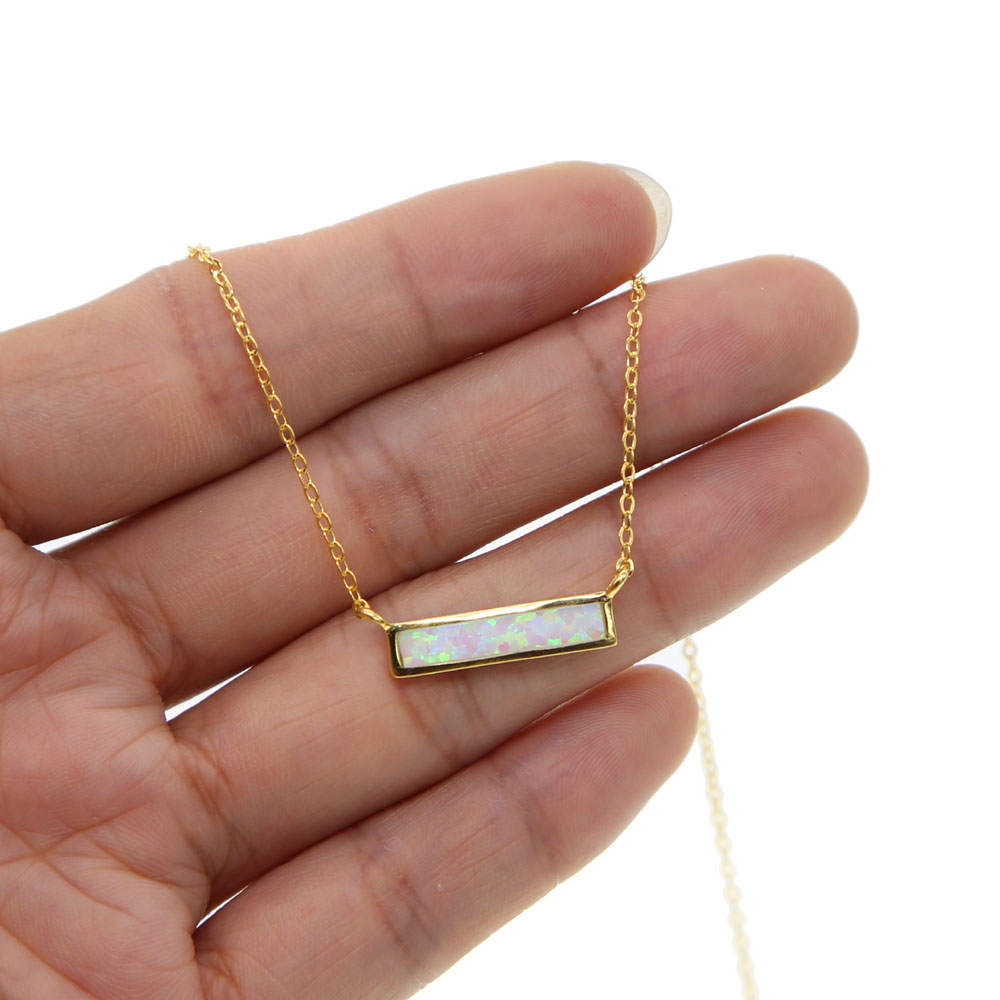 100% 925 sterling silver opal gemstone jewelry blue white fire opal simple geometric bar charm minimal silver necklaces