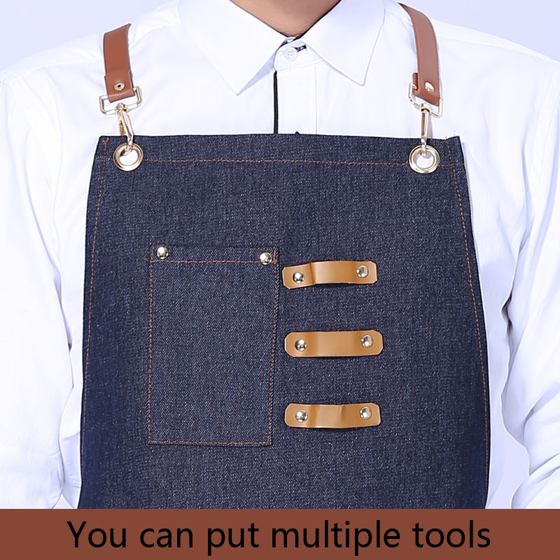 New Denim Cowboy Apron BBQ Senior Jeans baking Bib Leather Straps Kitchen apron for Women Men cooking Waitress Custom Print