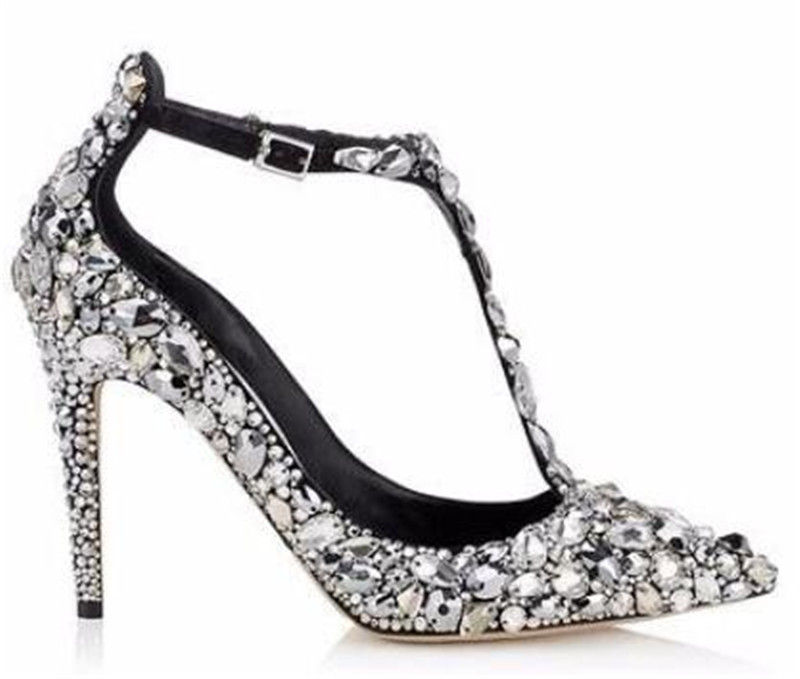 New Fashion Women Pointed Toe Black Nude Rhinestone Pumps Ankle Strap Crystals Beads High Heels Wedding Shoes Dress Shoes