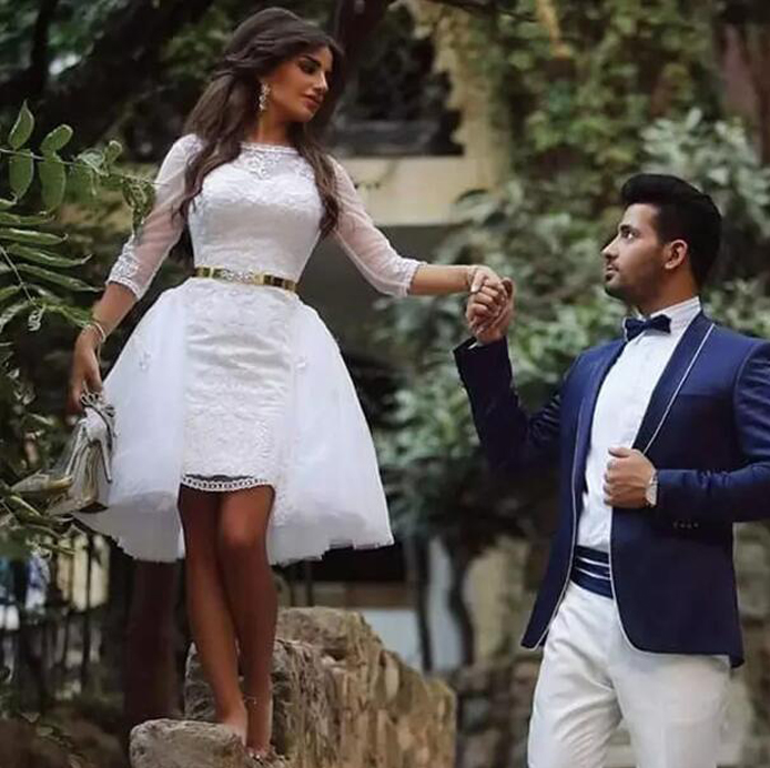 2020 Arabic Dubai Lace Short Beach Wedding Dresses with Detachable Skirt Bateau 3/4 Long Sleeve Mini Bridal Gowns Reception Custom Made