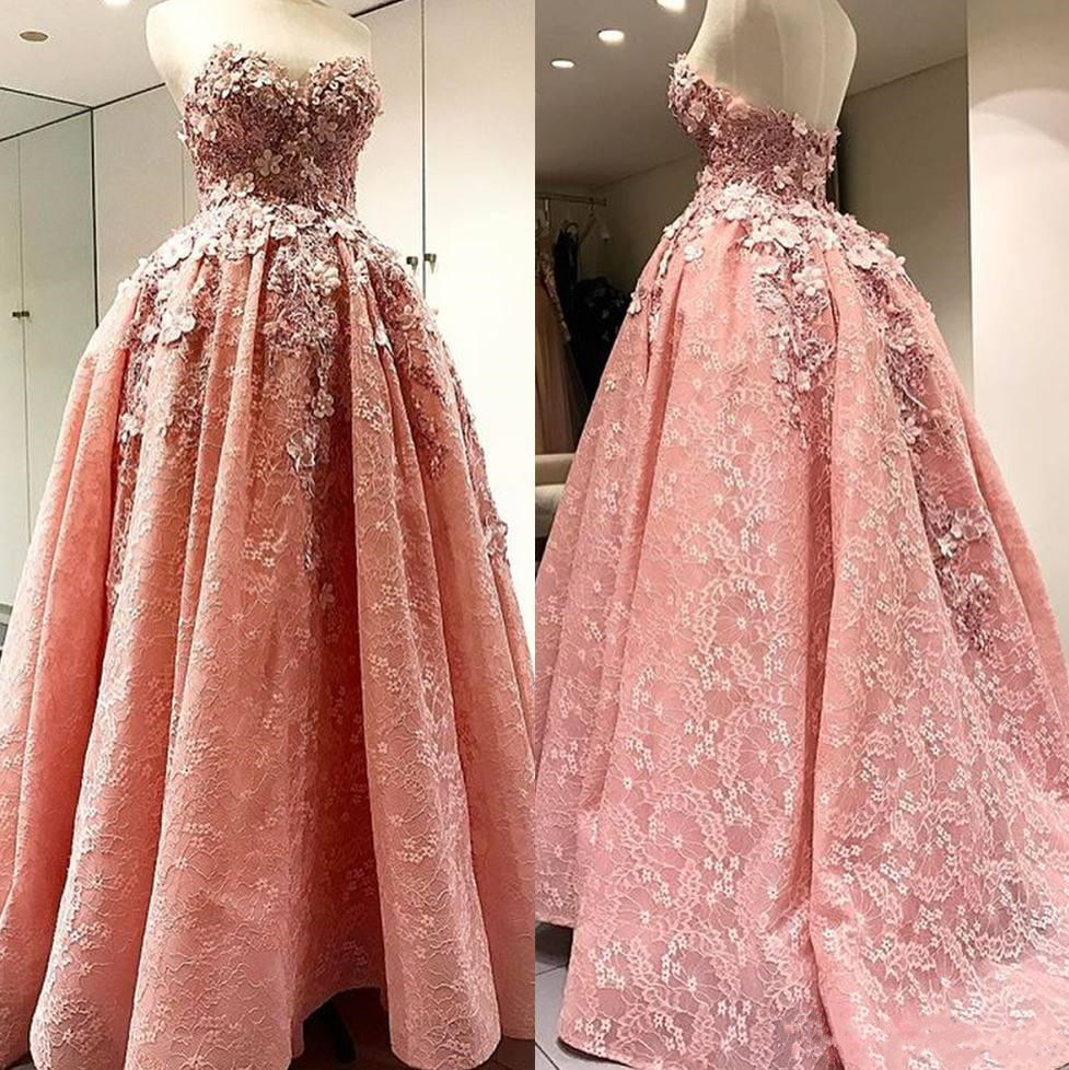 Sweetheart Pink Necke Prom Dresses Full Lace Evening Gowns With 3D Appliqued Sweep Train Vestidos De Fiesta Pageant Dress