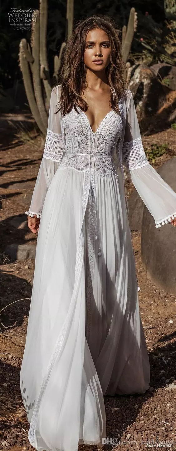 Asaf Dadush Wedding Dresses with Long Sleeve Wrap Jacket Vintage Crochet Lace Fairy Flowy Chiffon Beach Boho Bridal Wedding Gowns