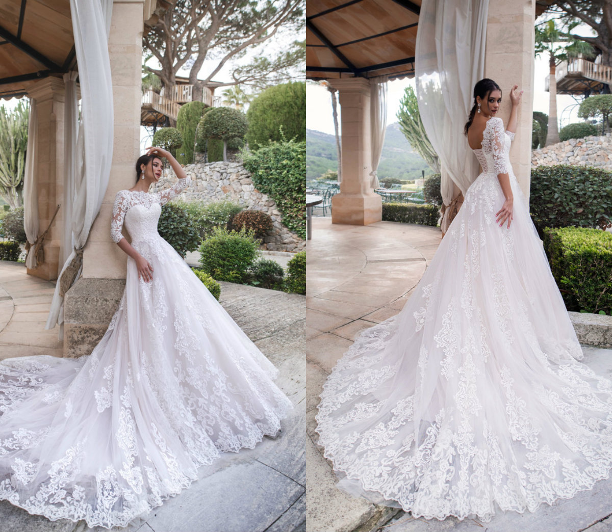 2019 A Line Beach Wedding Dresses Bateau Neck Lace Appliques Sweep Train Half Long Sleeves Lace Up Back Country Bridal Gowns Wedding Dress