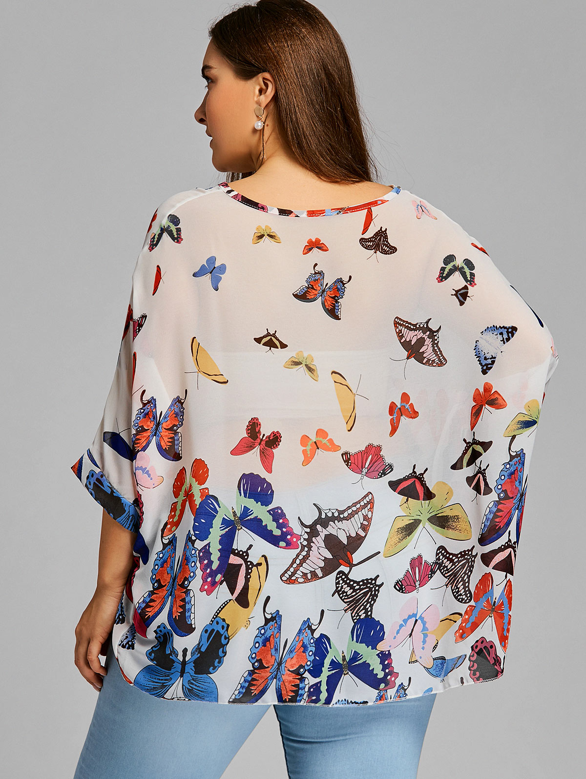 Gamiss Women Butterfly Print Plus Size Chiffon Blouse Casual Batwing Sleeve Long Blouses Shirts 2018 Fashion Tops Blusas 5XL