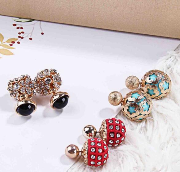 Fashion jewelry mix 20 style 20Pairs/lot delicate Crystal Pearl Double sided Earrings Opal gemstone screw Earrings Fit girl Madam