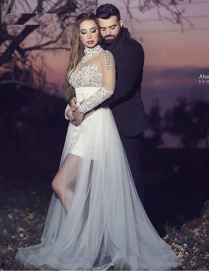 2018 Dubai Arabic Beads Applique Lace Prom Dresses With Detachable Skirt High Neck Long Sleeve Sparkle Bridal Party Gowns Charming, Purple 
2018 Dubai Arabic Beads Applique Lace Prom Dresses With Detachable Skirt High Neck Long Sleeve Sparkle Bridal Party Gowns Charming, Purple