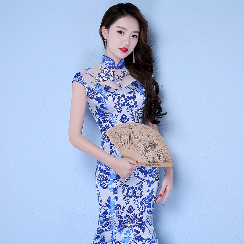New fashion summer blue cheongsam party dress women long fishtail elegant Qipao slim short sleeve vestido national Chinese tang suit