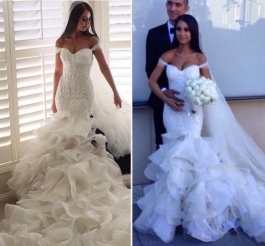 Sexy Mermaid Tiered Wedding Dress Off the Shoulder Lace Applique Pearls Lace Up Back Organza Ruffles White Ivory Long Bridal Gowns, Champagne
Sexy Mermaid Tiered Wedding Dress Off the Shoulder Lace Applique Pearls Lace Up Back Organza Ruffles White Ivory Long Bridal Gowns, Champagne