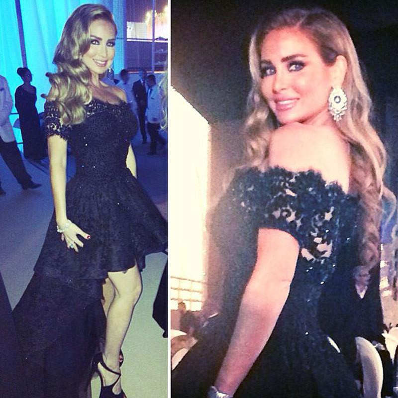 Black Lace Evening Gown Hi Low Off the Shoulder Party Short Front Long Back Prom Evening Dress