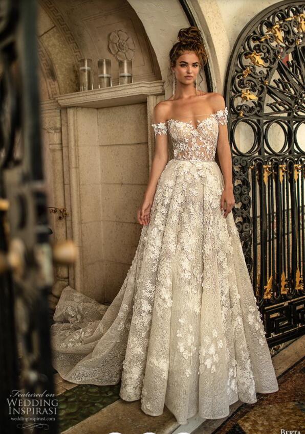 2019 Berta Wedding Dresses A Line Off Shoulder Lace 3D Floral Applique Sweep Train Backless Country Bridal Dress Beaded Boho Wedding Gowns
