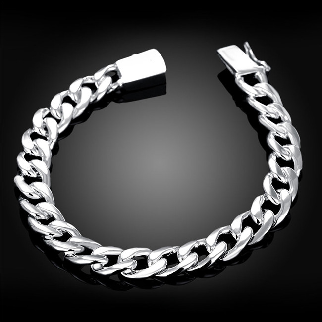 10MM square buckle side bracelet - men's - sterling silver plated bracelet ; Wedding gift fashion men and women 925 silver bracelet SPB037