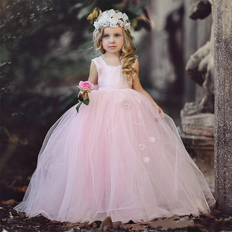 Sweet Puffy Tulle Flower Girl Dresses Cute Princess Little Girls Pageant Dress Toddler Blush Pink Wedding Party Brithday Graduation Dress