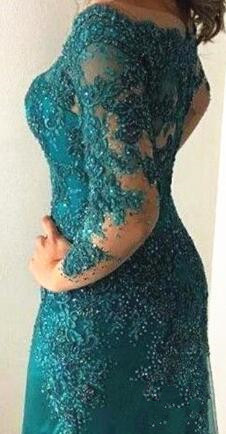 Turquoise Mother of the Bride Dress Long Sleeve Off Shoulder Beadings Lace Mermaid Wedding Guest Dress Party Gowns Special Occasion