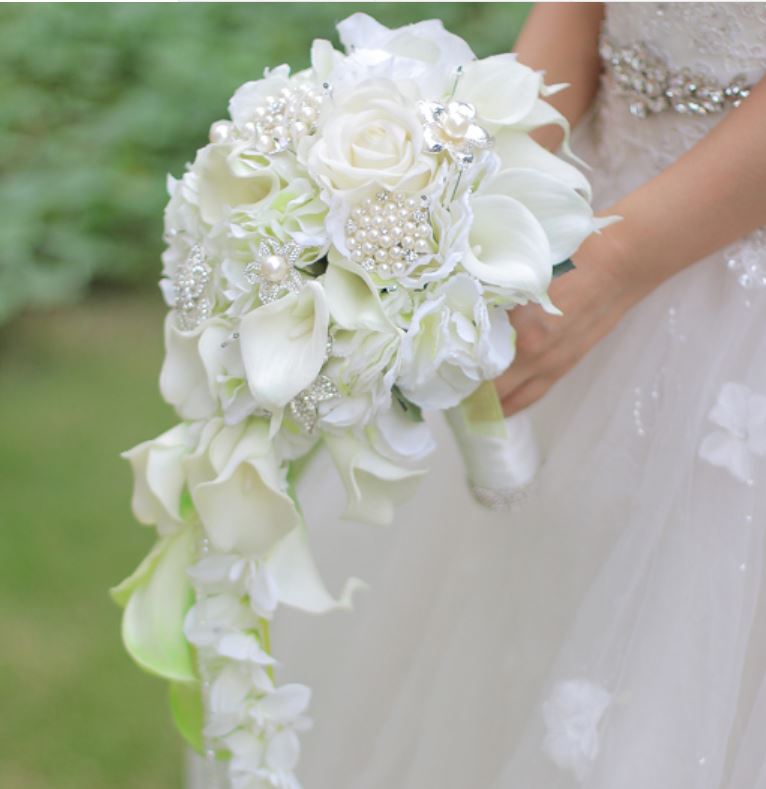 Custom drip simulation flower wedding bouquet white calla rose hydrangea DIY pearl crystal jewelry brooch bridal bouquet