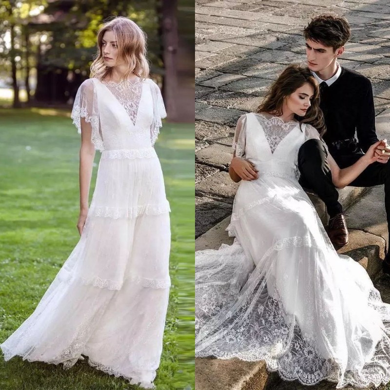 Elegant Boho Wedding Dress Fall 2018 A Line Sweep Train Short Sheer Bell Sleeves Ruffles Flowy Lace Bridal Bohemian Wedding Gowns
